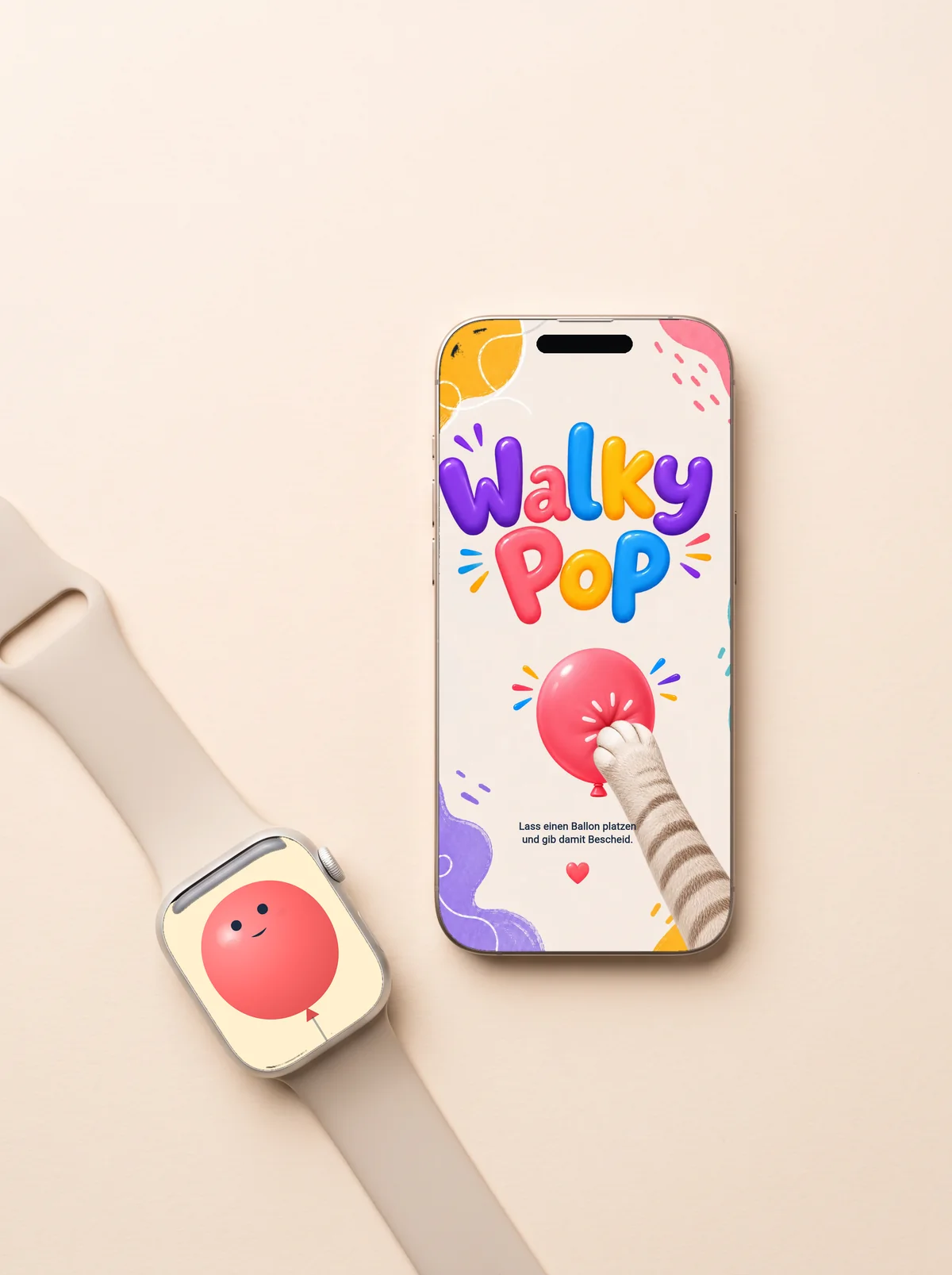 An iPhone showing the WalkyPop start screen with the wordmark, a red balloon and a cat's paw, and next to it an Apple Watch with the balloon with a face waiting on it