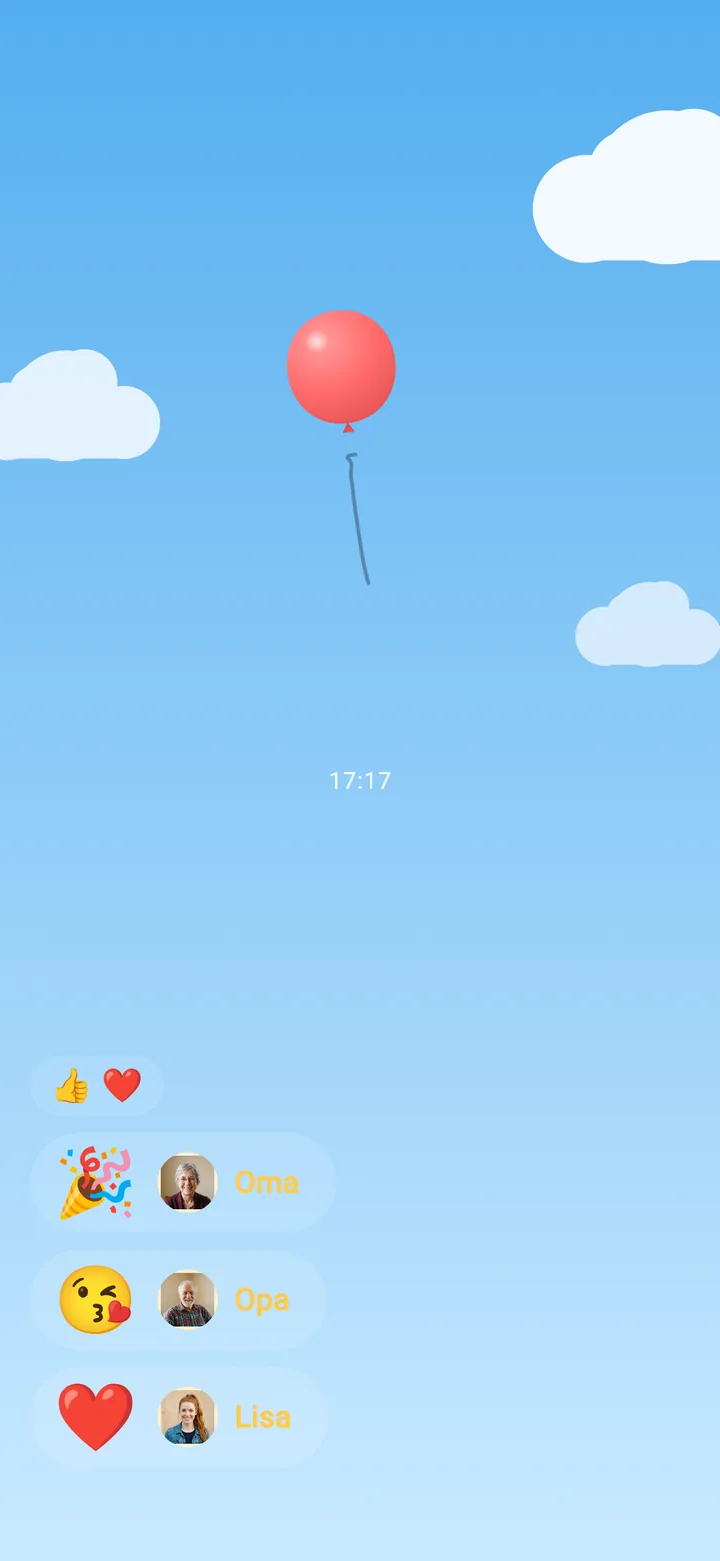 The child's waiting sky with the balloon at the top and four reply bubbles below: thumbs up, party, kiss, heart, each with photo and name