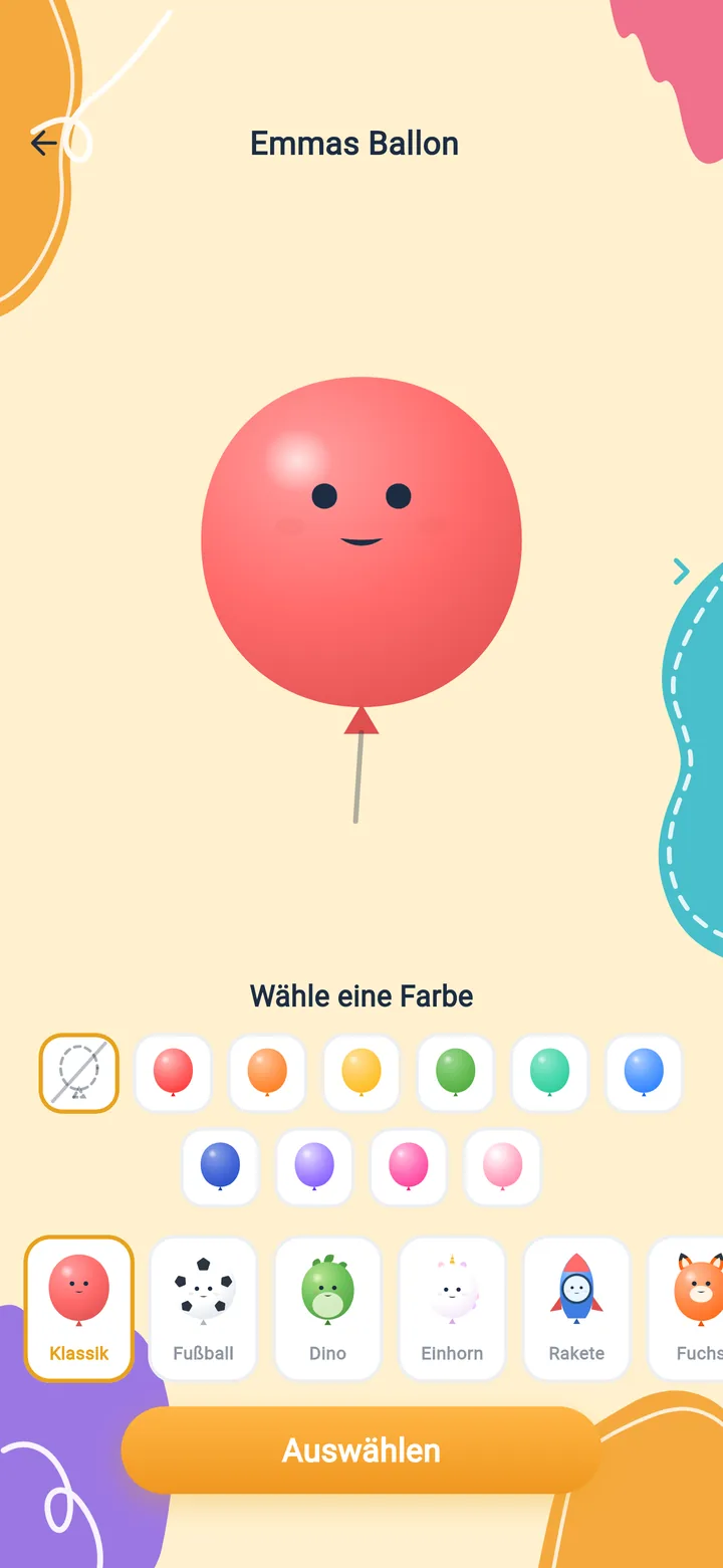 The balloon picker: a large red balloon in the preview, color dots below and a row of shapes