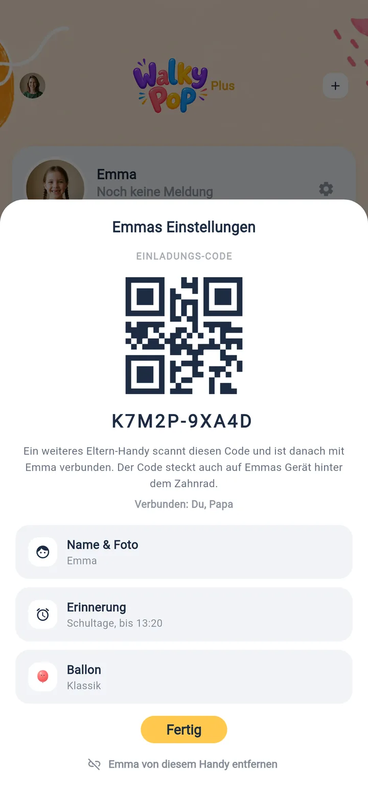 Emma's settings with the invitation QR code, the code to type in and the rows Name & photo, Reminder and Balloon