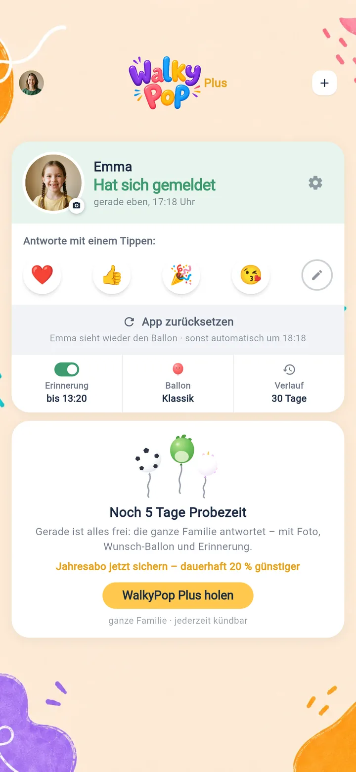 The parent view: Emma's card reading “Checked in”, a row of emoji to reply with, and a note about the trial period