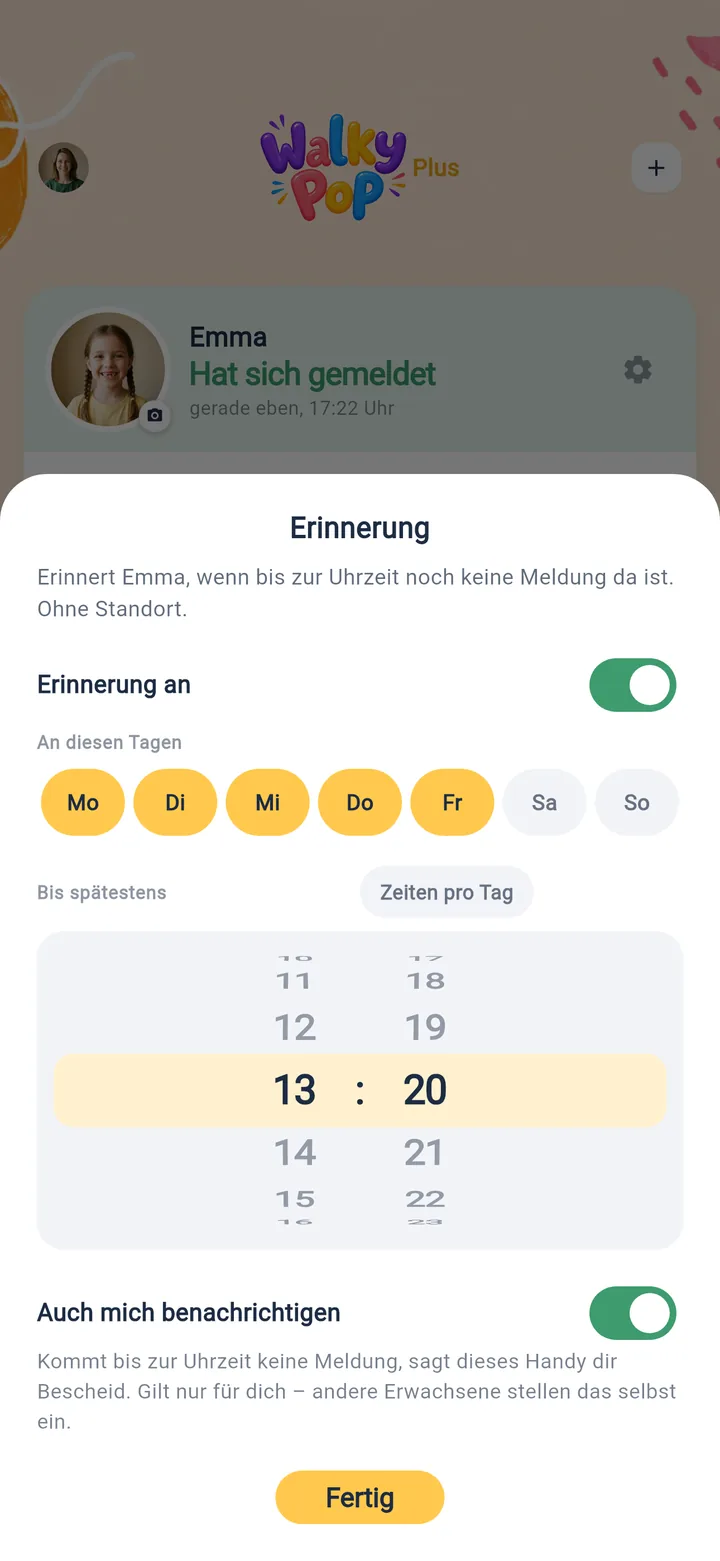 The reminder sheet with weekdays, a time picker and the switch “Notify me too”