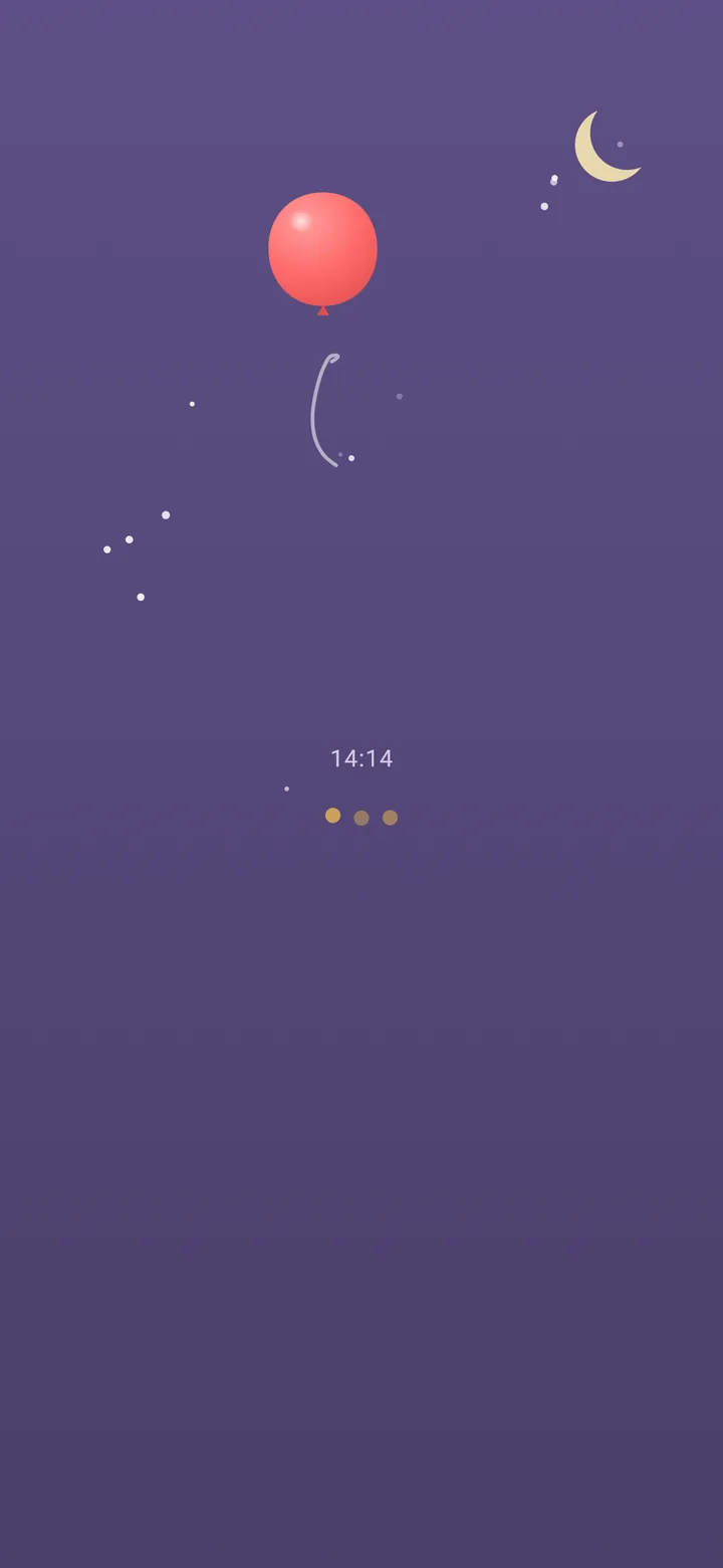Dark purple night sky with stars, a crescent moon and the rising balloon