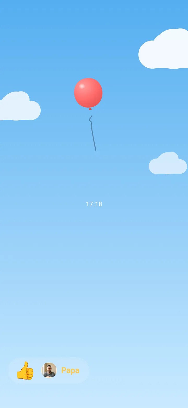 Light blue daytime sky with clouds, the rising balloon and a first reply bubble