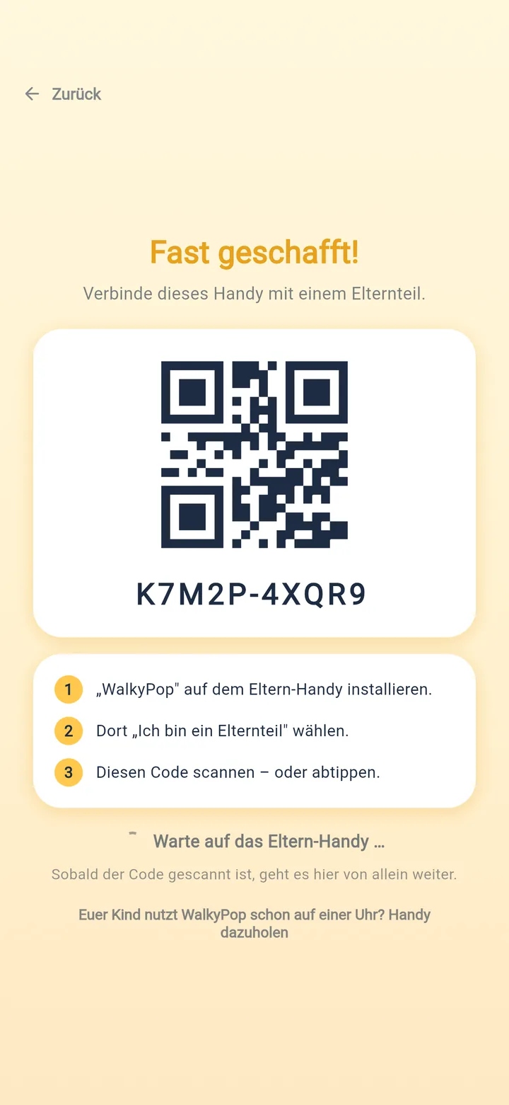 The child's device shows “Almost there!”, a QR code, the code K7M2P-4XQR9 to type in and three numbered steps