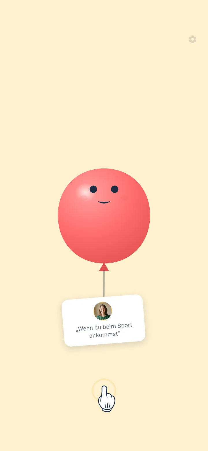 The child's screen with the balloon; a small white tag with the photo of the person asking for a pop hangs from the string