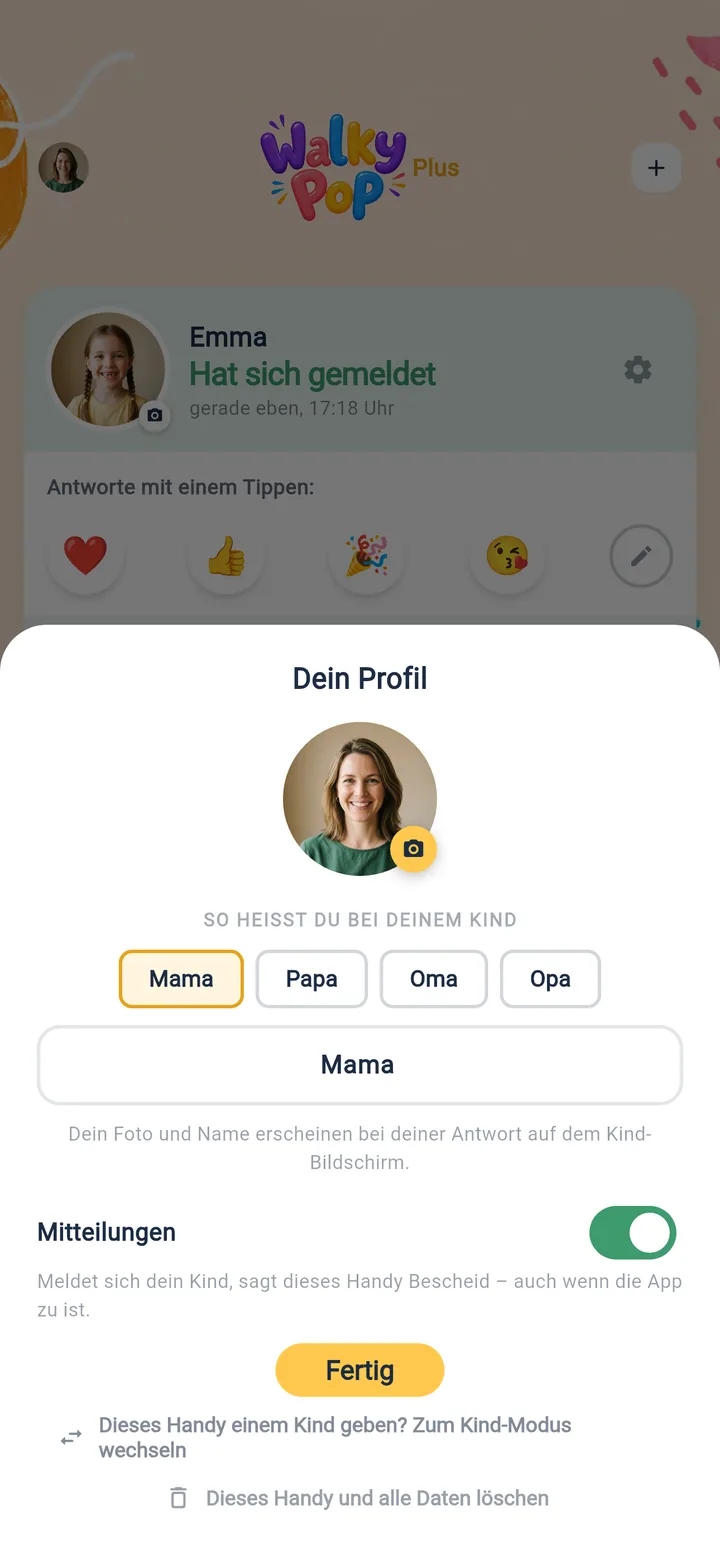 The profile sheet with a photo avatar, the name suggestions Mom, Dad, Grandma, Grandpa and the notifications switch