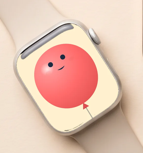 An Apple Watch with a light sport band, the red WalkyPop balloon with a face on the watch face